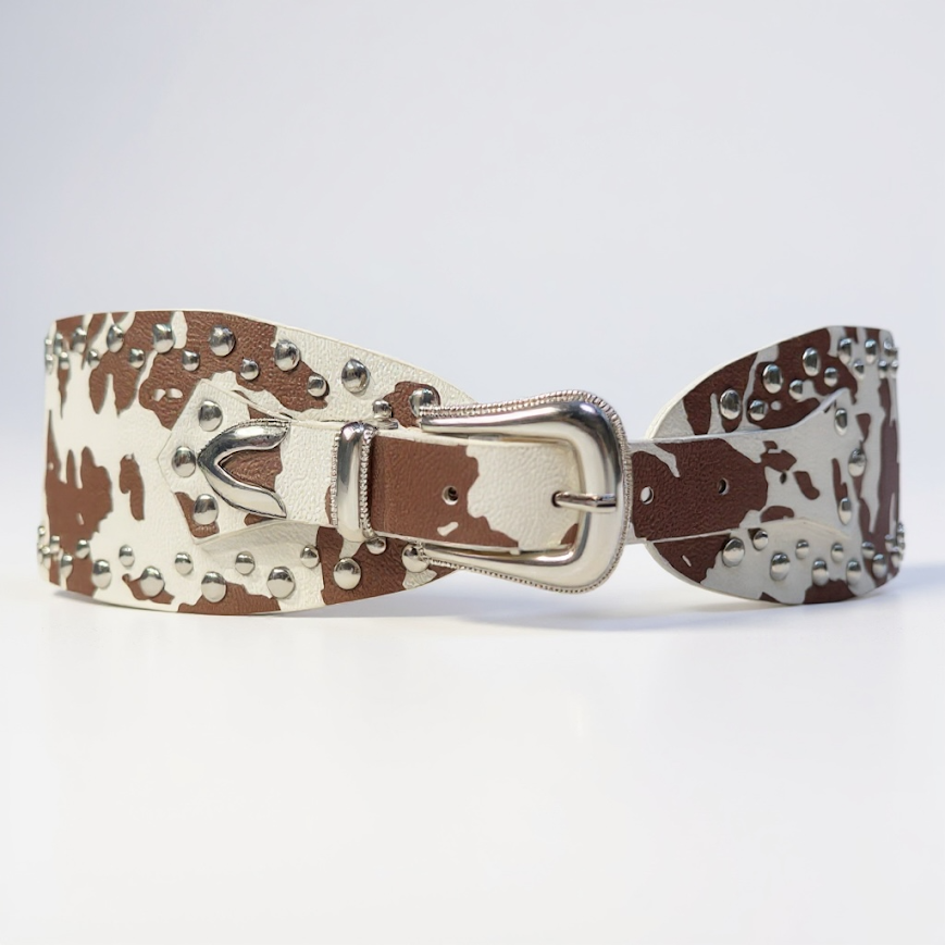 Cinto Cow con tacha, blanco y estampa vaca-marrón