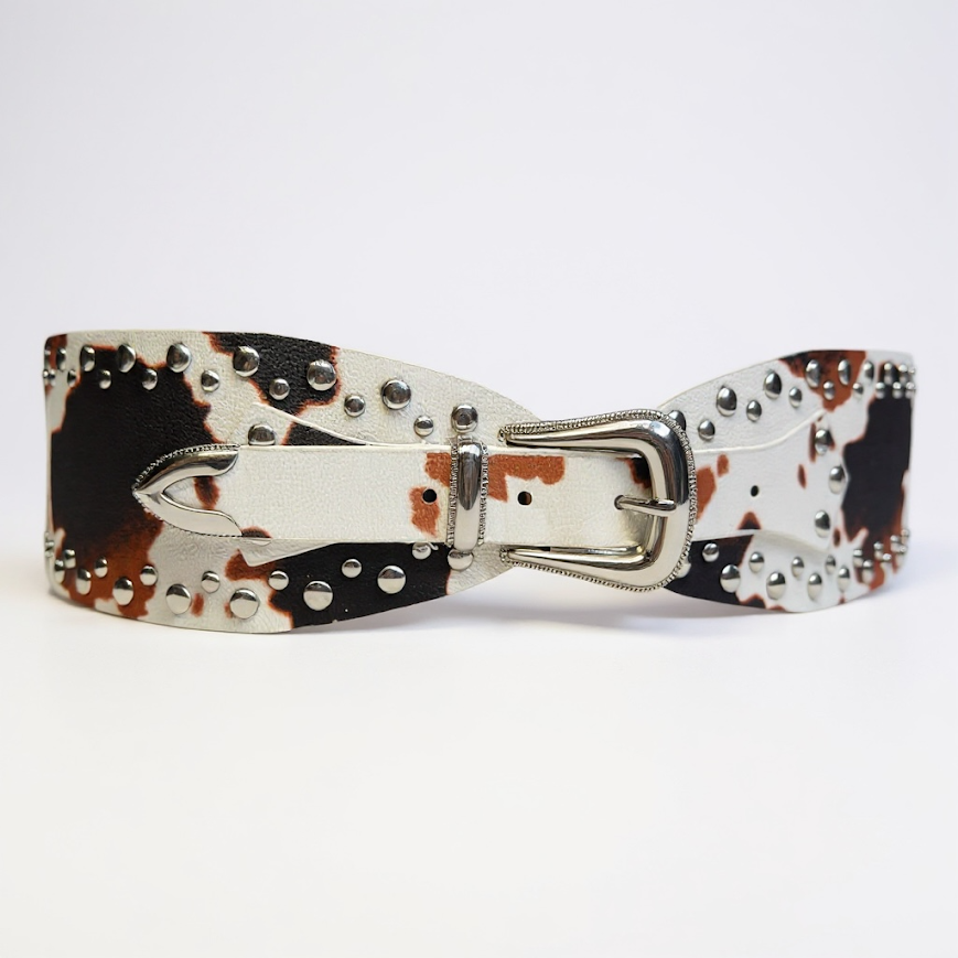 Cinto Cow con tacha, blanco y estampa vaca negro-marron