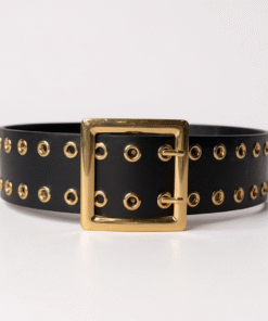 Cinto ancho con doble hilera de ojalillos y hebilla cuadrada dorada color negro