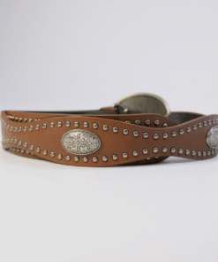 Cinto chapón con tachas y apliques plateado, color marrón visto desde atras.