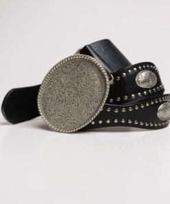Cinto chapón con tachas y apliques plateado, color negro