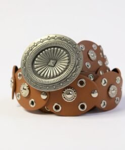 Cinto boho fino con chapón plateado, color marrón enrollado