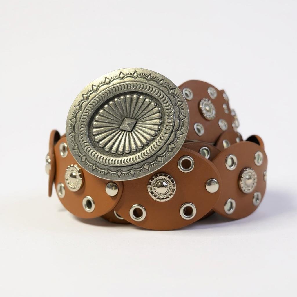 Cinto boho fino con chapón plateado, color marrón enrollado