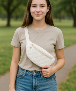 Modelo luciendo riñonera capitoneada chica blanca