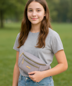 Joven luciendo riñonera con bolsillo y cierres dorados