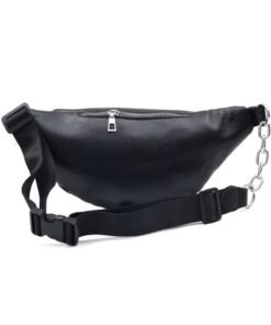 Riñonera cuero sintético lisa negra con correa combinada con cadena