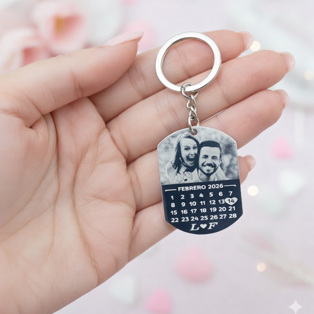 Llavero rectangular acero, foto y calendario. Personalizado