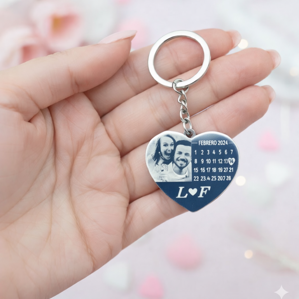 Llavero rectangular acero, foto y calendario. Personalizado