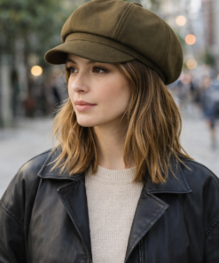 Modelo exhibiendo boina con visera en gabardina color marrón