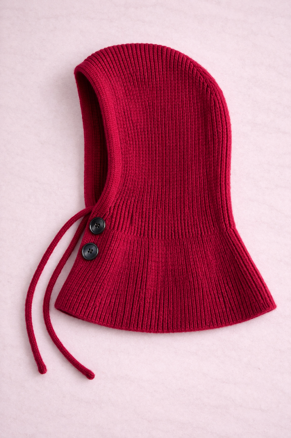 Gorro tipo capucha tejida con cuello incorporado, ideal para invierno color bordo