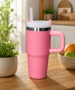 Jarra térmica de 414 ml con diseño moderno, ideal para bebidas frías o calientes de uso diario color rosa.