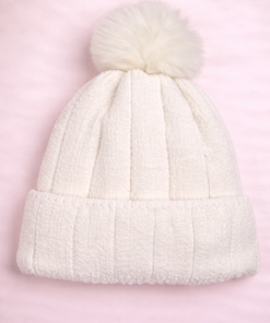 Gorro de chenille con pompón de piel suave y diseño elegante blanco
