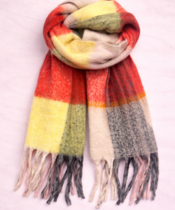 Bufandón de tejido suave con flecos, ideal para looks abrigados de otoño e invierno, rayado en tonos rojo y amarillo-6