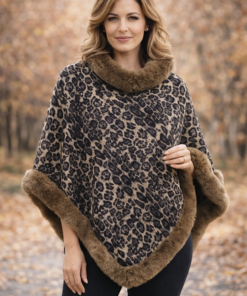 Modelo luciendo poncho con piel negra y diseño animal print marrón