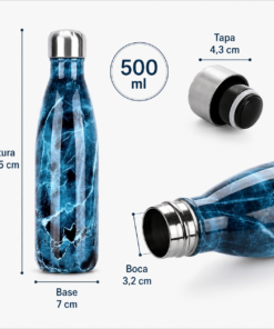 Descripción de Botella térmica de 500 ml reutilizable con tapa a rosca, ideal para agua e infusiones color azul