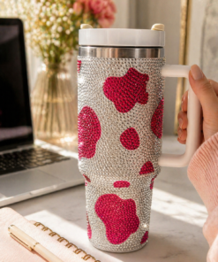 jarra térmica de 900 ml con diseño brillante y manija ergonómica vaca blanco-rosa