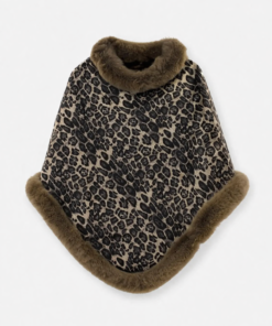 Poncho con piel negra y diseño animal print marrón