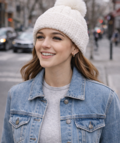 Modelo luciendo gorro de chenille con pompón de piel suave y diseño elegante