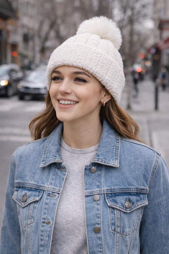 Modelo luciendo gorro de chenille con pompón de piel suave y diseño elegante