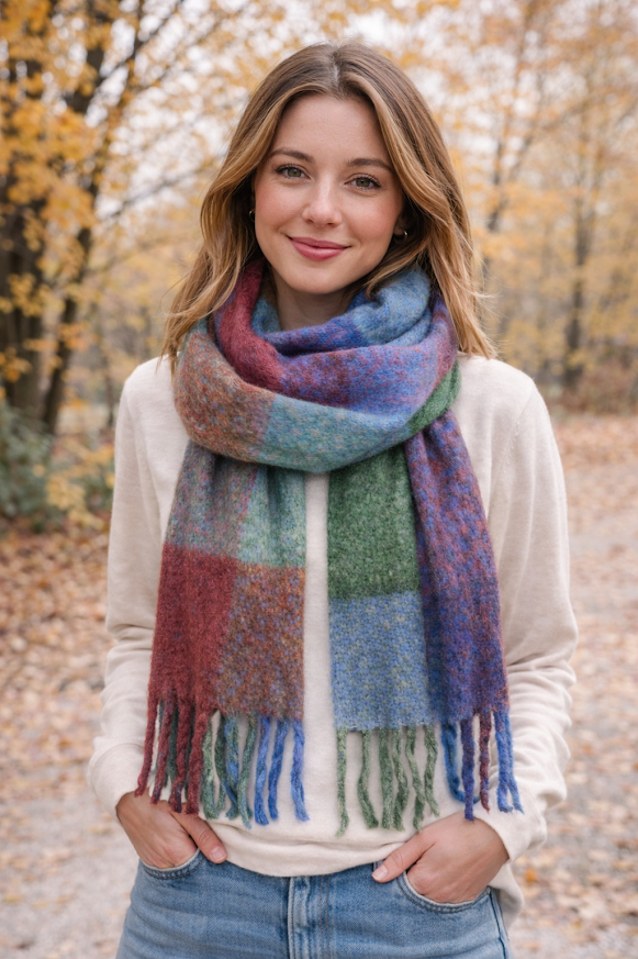 Modelo con Bufandón de tejido suave con flecos, ideal para looks abrigados de otoño e invierno, rayado en tono bordó, verde y azul