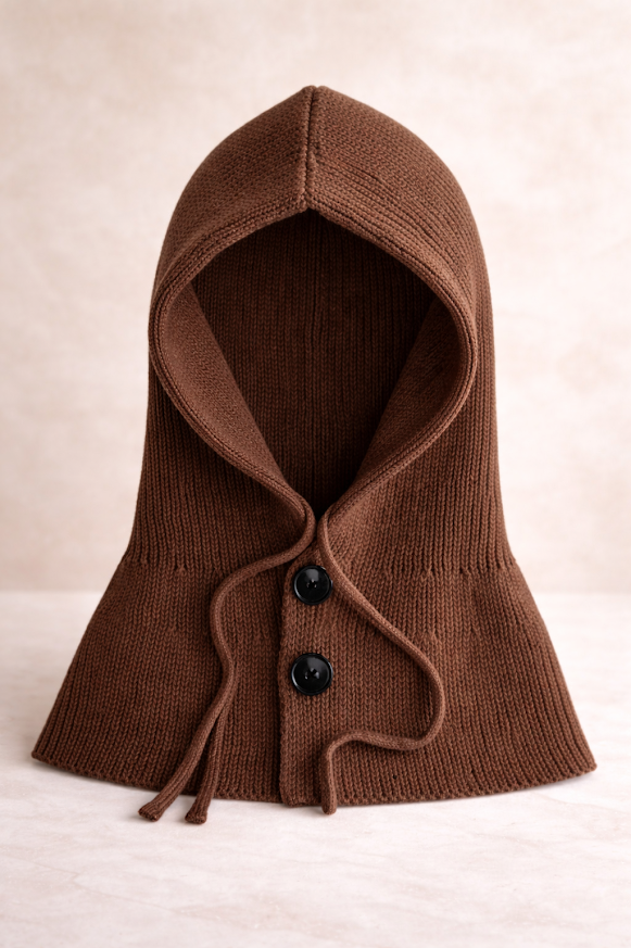 Gorro tipo capucha tejida con cuello incorporado, ideal para invierno color chocolate