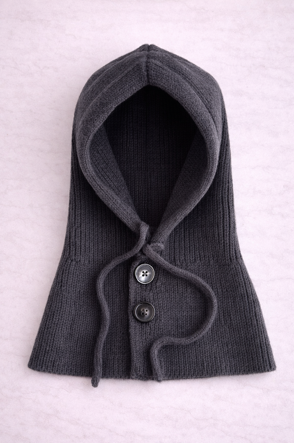 Gorro tipo capucha tejida con cuello incorporado, ideal para invierno color negro