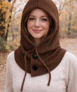 Modelo luciendo gorro tipo capucha tejida con cuello incorporado, ideal para invierno colo