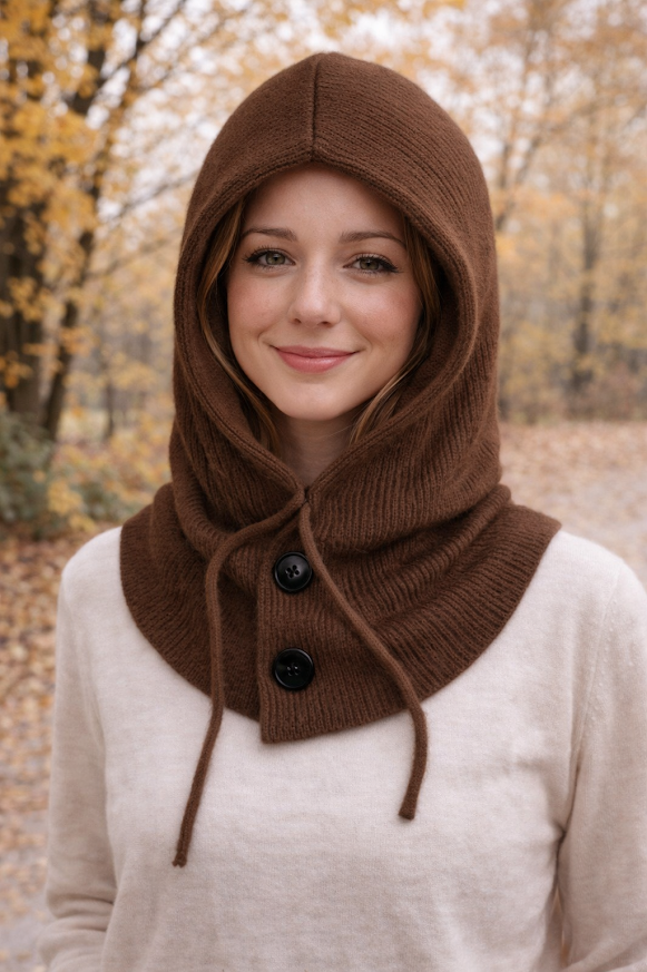 Modelo luciendo gorro tipo capucha tejida con cuello incorporado, ideal para invierno colo