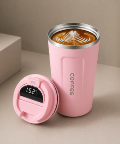 vaso térmico de 310 ml con tapa inteligente y display de temperatura digital rosado
