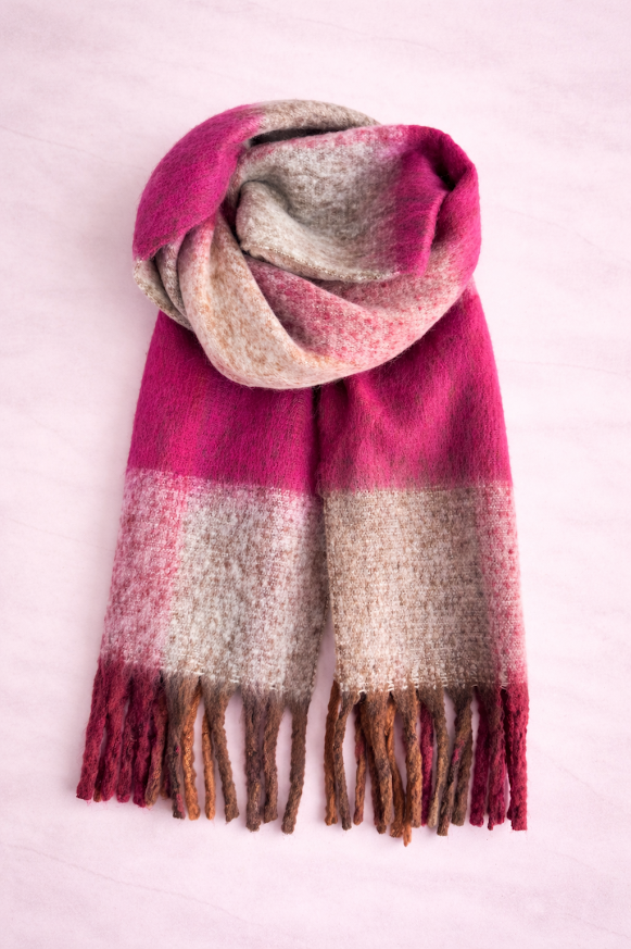 Bufandón de tejido suave con flecos, ideal para looks abrigados de otoño e invierno, rayado en tono beige y fucsia-3