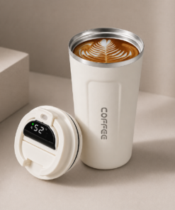 vaso térmico de 310 ml con tapa inteligente y display de temperatura digital blanco