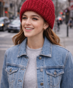 modelo luciendo gorro de chenille suave y de diseño elegante bordó.