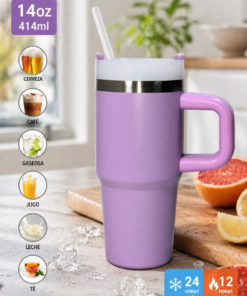 Jarra térmica de 414 ml con diseño moderno, ideal para bebidas frías o calientes de uso diario con descripciones