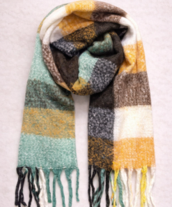 Bufandón de tejido suave con flecos, ideal para looks abrigados de otoño e invierno, rayado en tono marrón, blanco y amarillo-4