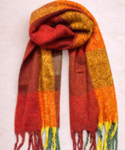Bufandón de tejido suave con flecos, ideal para looks abrigados de otoño e invierno, rayado en tonos terracota y amarillo-8