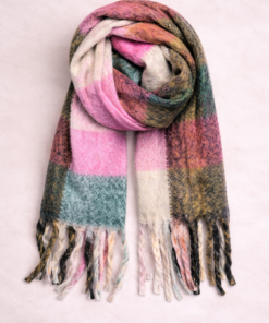 Bufandón de tejido suave con flecos, ideal para looks abrigados de otoño e invierno, rayado en tonos, rosado, crudo y verde-9