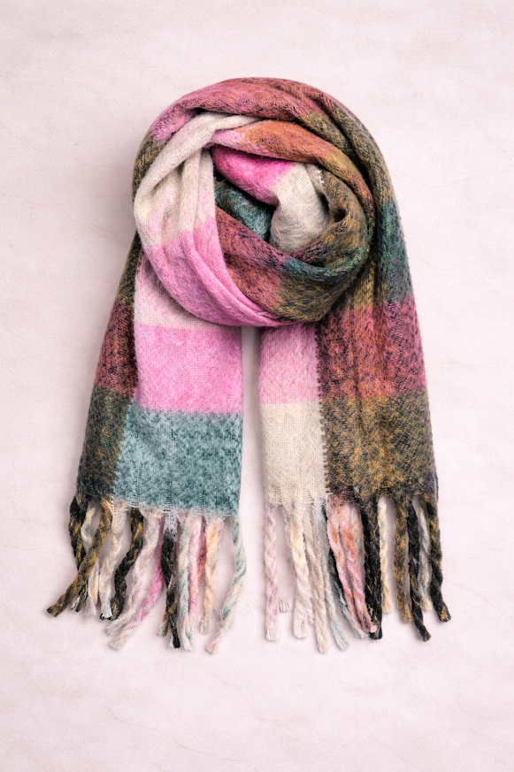 Bufandón de tejido suave con flecos, ideal para looks abrigados de otoño e invierno, rayado en tonos, rosado, crudo y verde-9