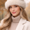 Modelo luciendo gorro ruso de piel sintética suave con diseño envolvente en fondo otoñal