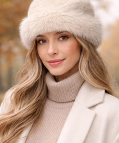 Modelo luciendo gorro ruso de piel sintética suave con diseño envolvente en fondo otoñal