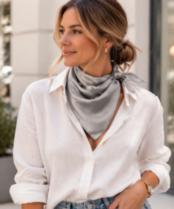 Modelo luciendo en su cuello pañuelo de seda cuadrado 70x70 cm liso color gris