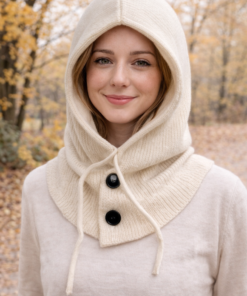 Modelo luciendo gorro tipo capucha tejida con cuello incorporado, ideal para invierno color beige