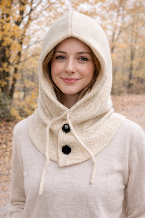 Modelo luciendo gorro tipo capucha tejida con cuello incorporado, ideal para invierno color beige