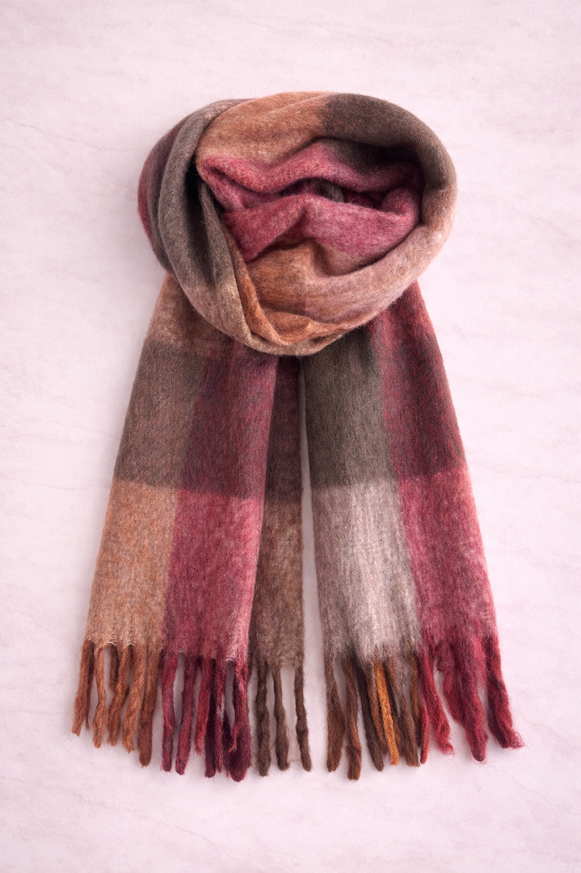 Bufandón de tejido suave con flecos, ideal para looks abrigados de otoño e invierno, rayado en tonos marrones y bordó-10