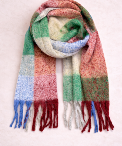 Bufandón de tejido suave con flecos, ideal para looks abrigados de otoño e invierno, rayado en tonos, celeste, bordó y azul-11