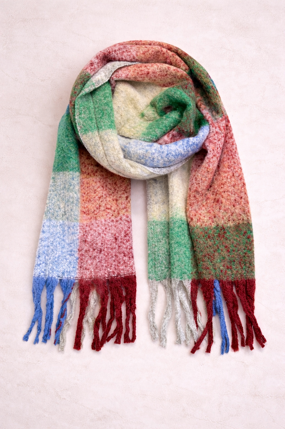 Bufandón de tejido suave con flecos, ideal para looks abrigados de otoño e invierno, rayado en tonos, celeste, bordó y azul-11