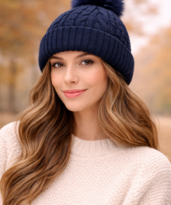 Gorro tejido con pompon de piel sintética en modelo mujer con fondo otoñal claro