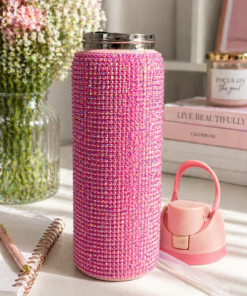 botella térmica de 900 ml color rosa con diseño full brillo con la tapa abierta