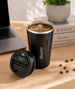 vaso térmico de 310 ml con tapa inteligente y display de temperatura digital negro