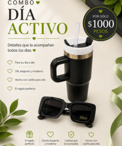 Combo día activo, jarra termica y lentes de sol negros