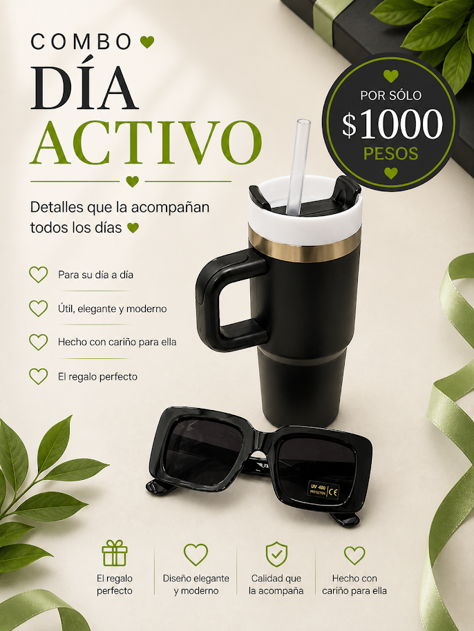 Combo día activo, jarra termica y lentes de sol negros